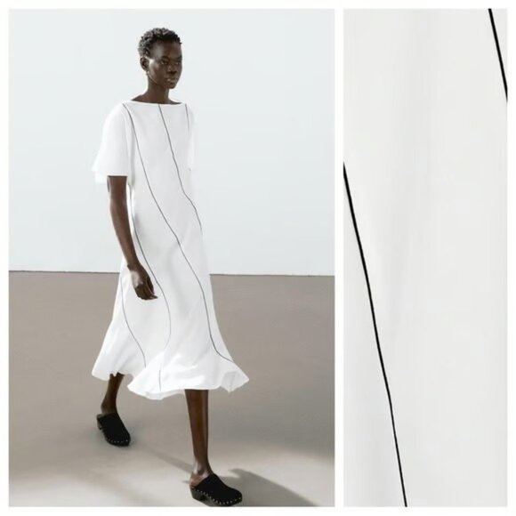 Massimo Dutti Dresses & Skirts - Massimo Dutti Womens Midi Dress Size M White Black stripe Flowing 6653/591 NWT